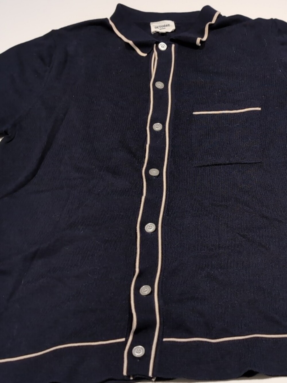 Octobre Editions Men's Navy Polo Cardigan with Contrast Piping